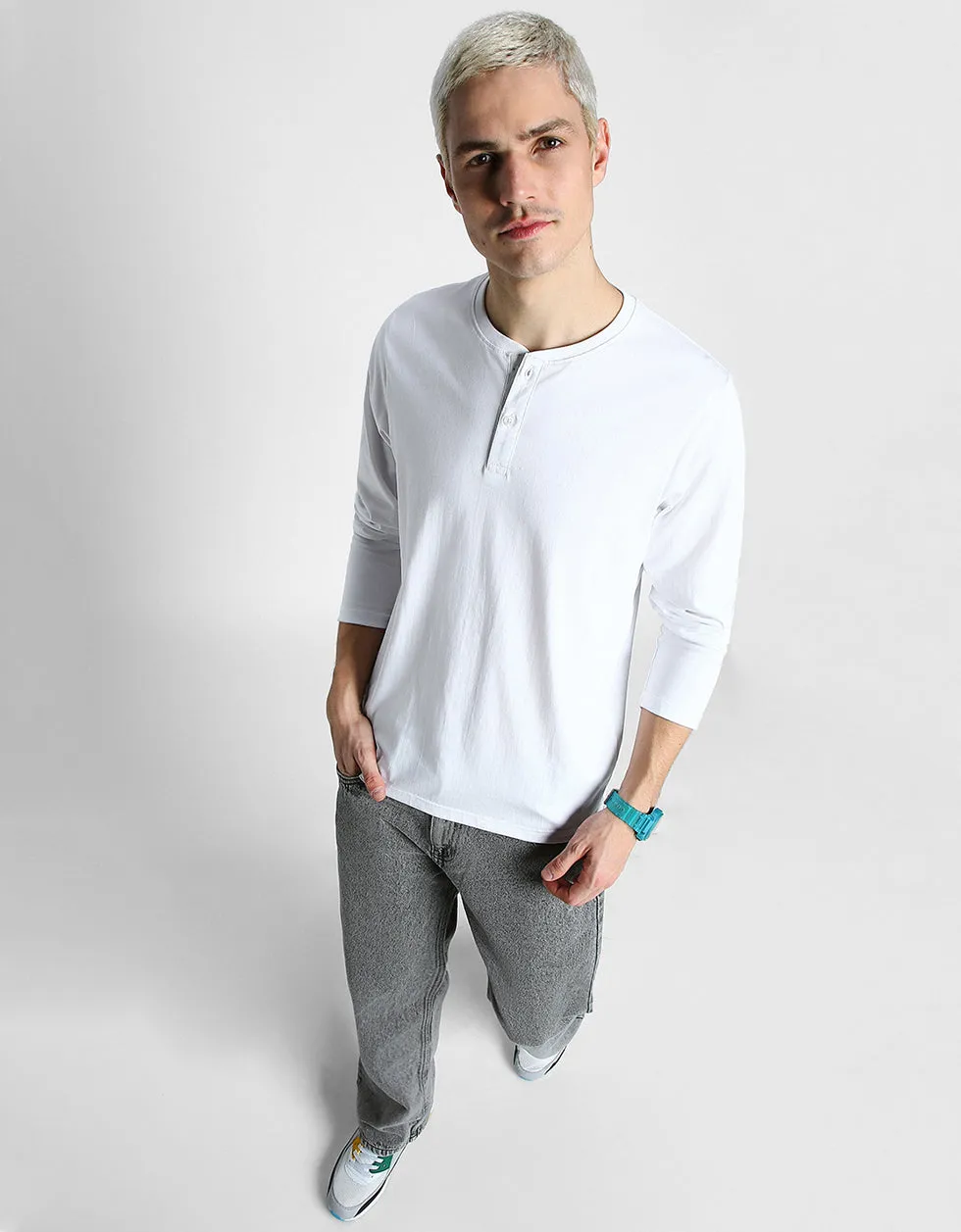 Henley White Solid Tshirt