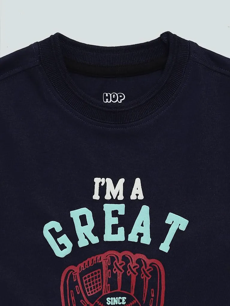 HOP Kids Navy Typographic Printed Catch T-Shirt