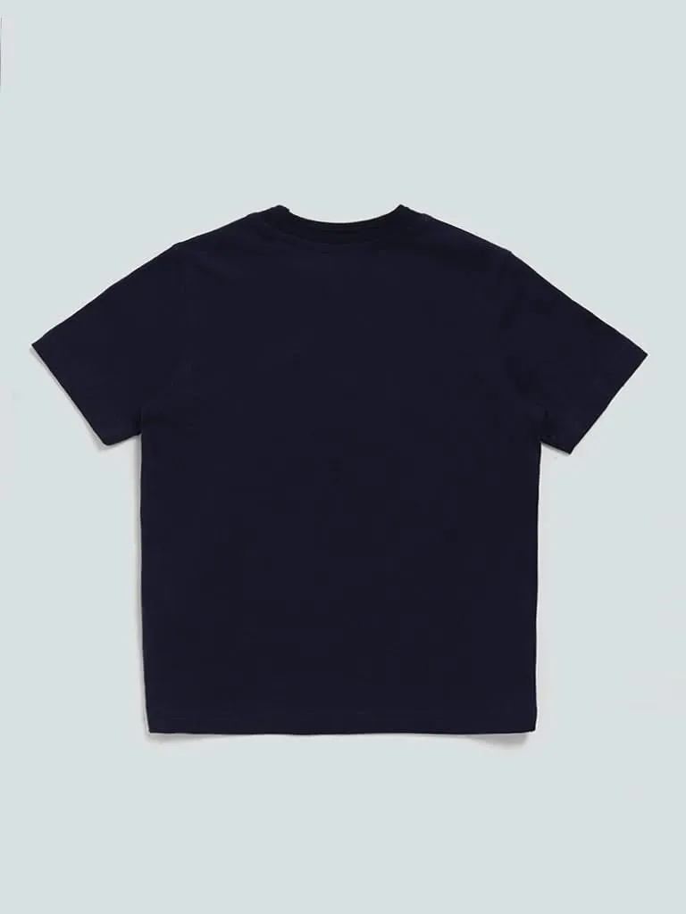 HOP Kids Navy Typographic Printed Catch T-Shirt