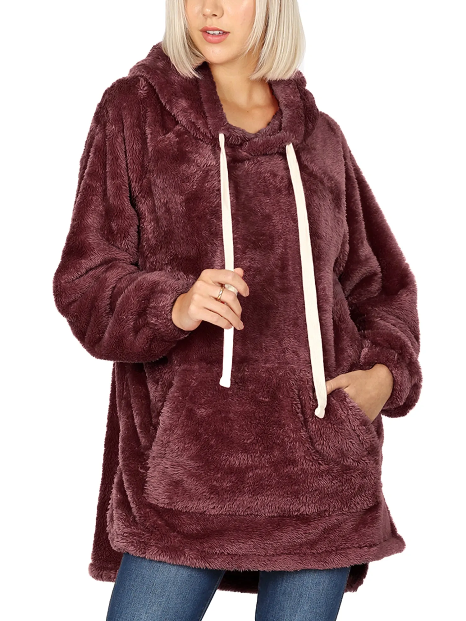 KOGMO Women's Soft Faux Fur Hoodie Sweater with Kangaroo Pockets