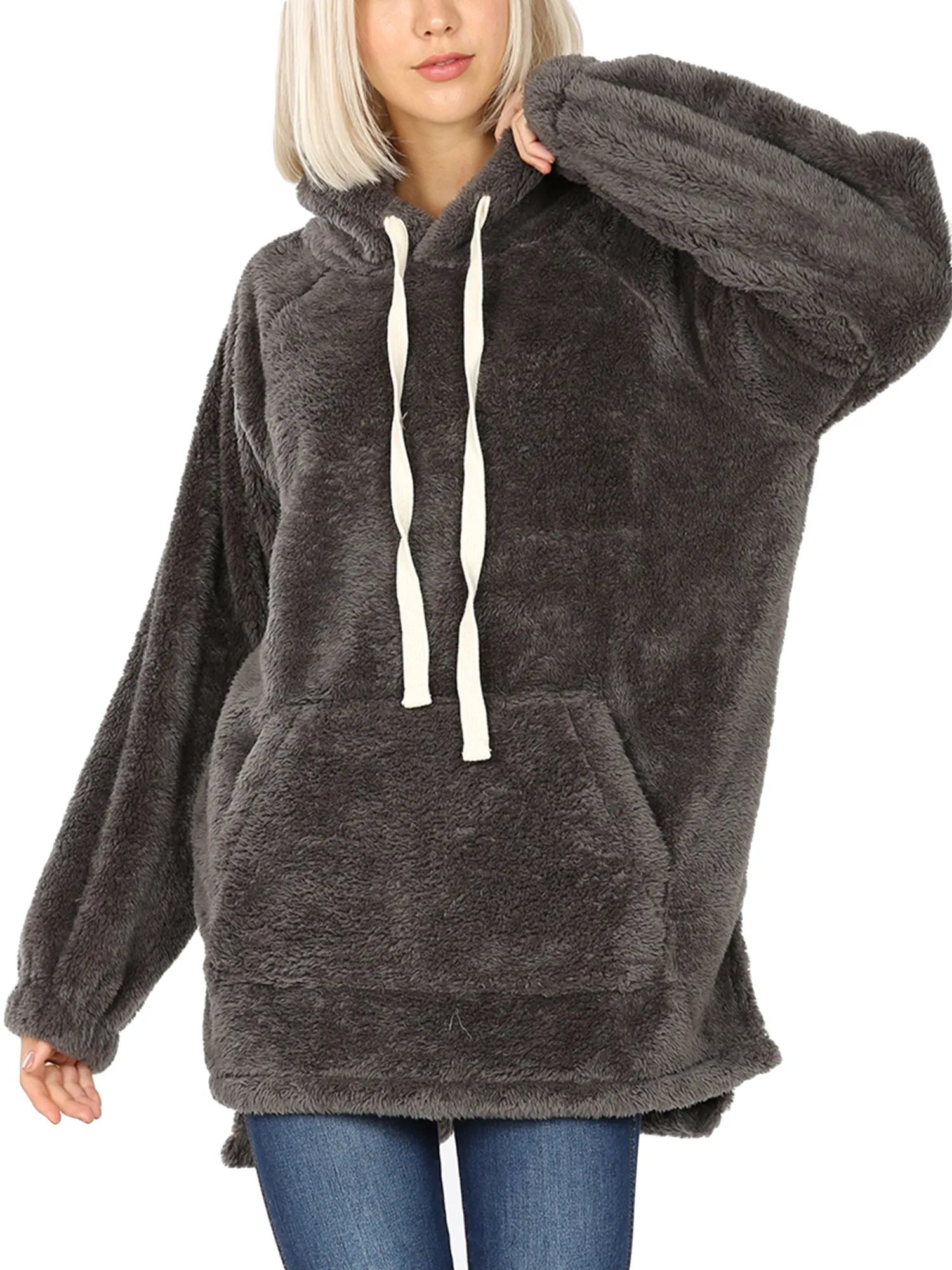 KOGMO Women's Soft Faux Fur Hoodie Sweater with Kangaroo Pockets