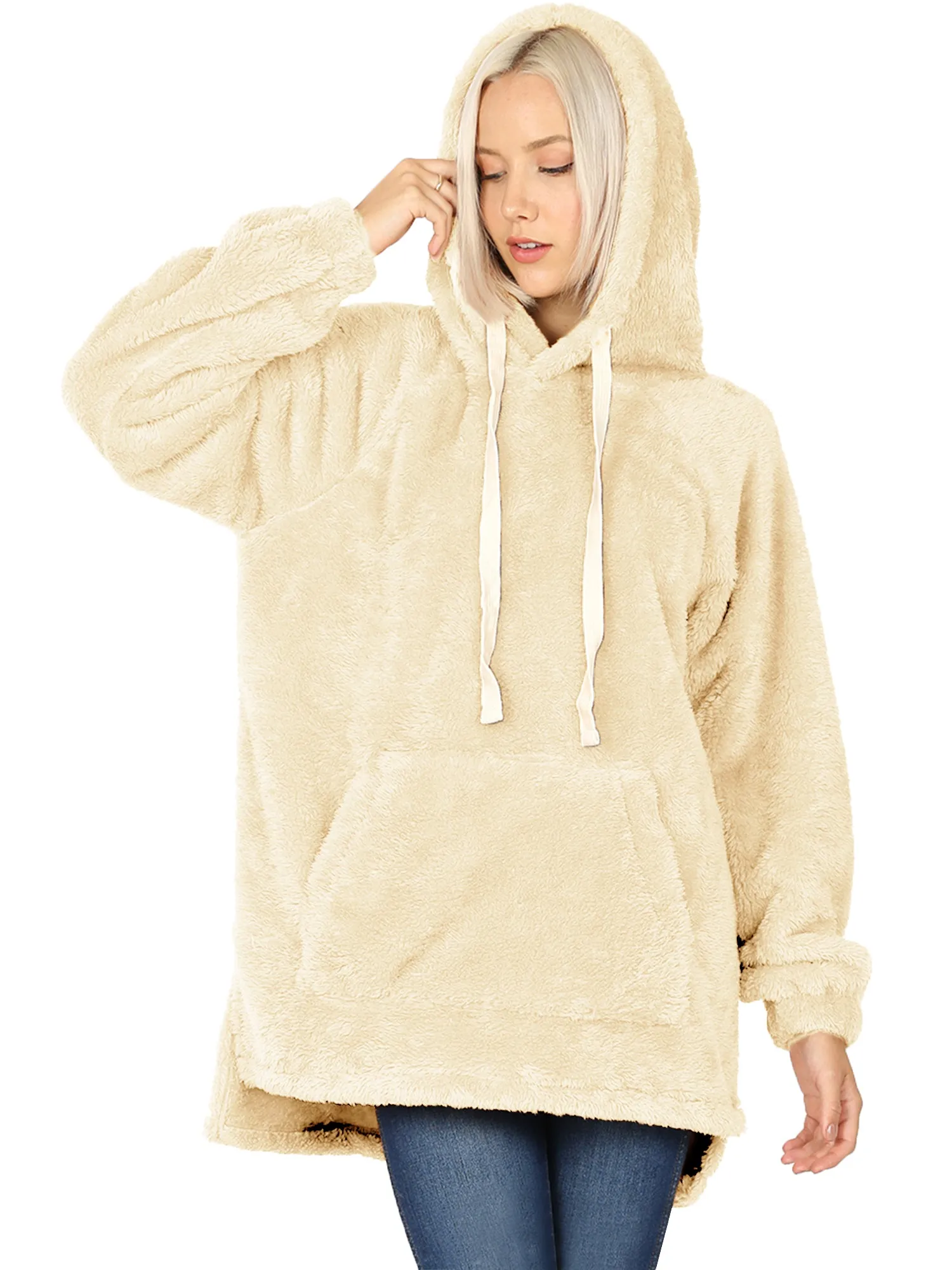 KOGMO Women's Soft Faux Fur Hoodie Sweater with Kangaroo Pockets