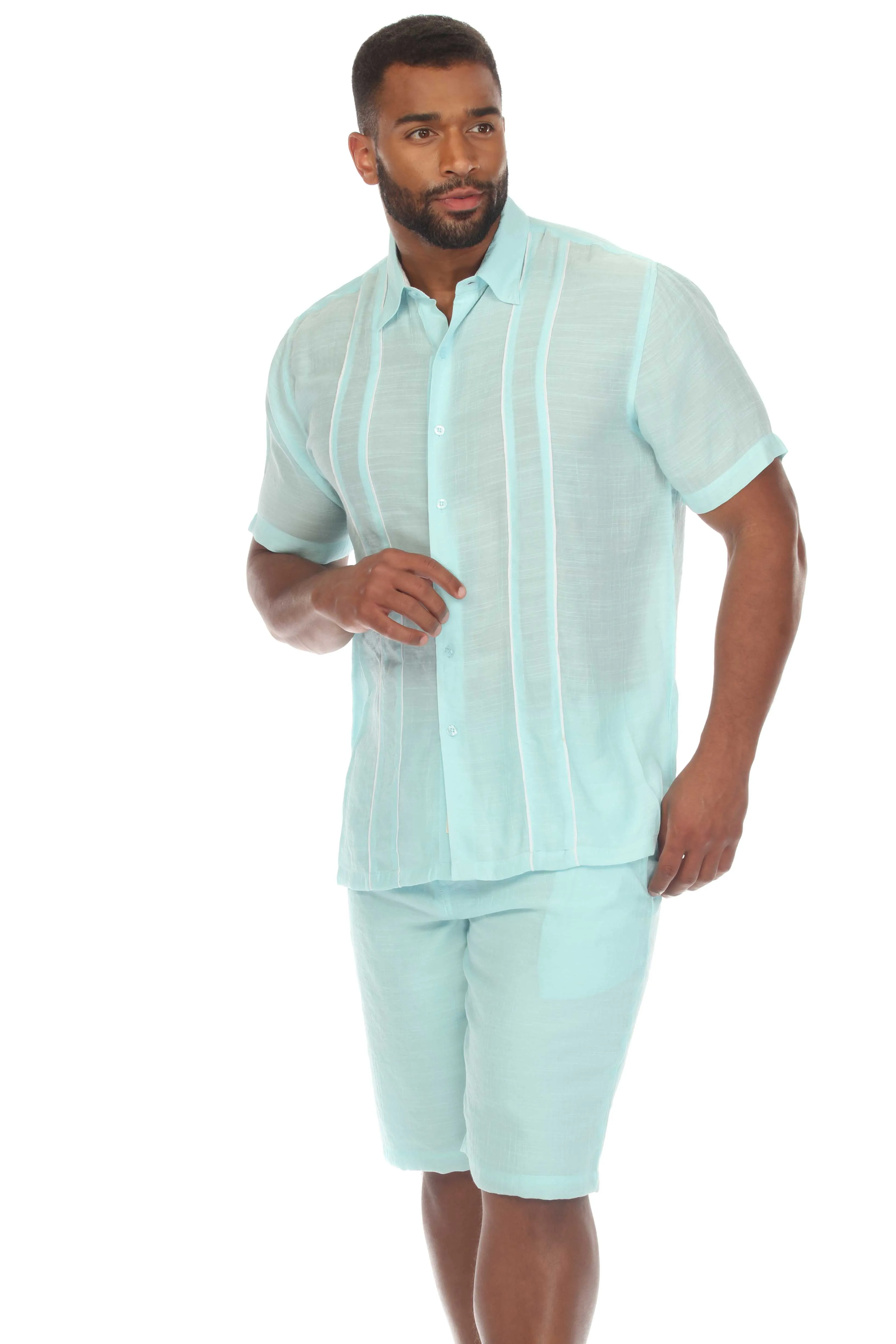 Men's Beach Button Down Shirt Pintuck Trim Contrast Short Sleeve