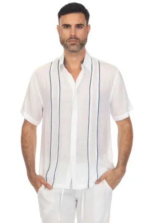 Men's Beach Button Down Shirt Pintuck Trim Contrast Short Sleeve