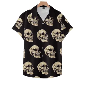 Mens Edgy Summer Short Sleeve Shirt Skull Print in Beige Black Plus All Sizes Available: S, M, L, XL, XXL, 3XL, 4XL, 5XL, 6XL