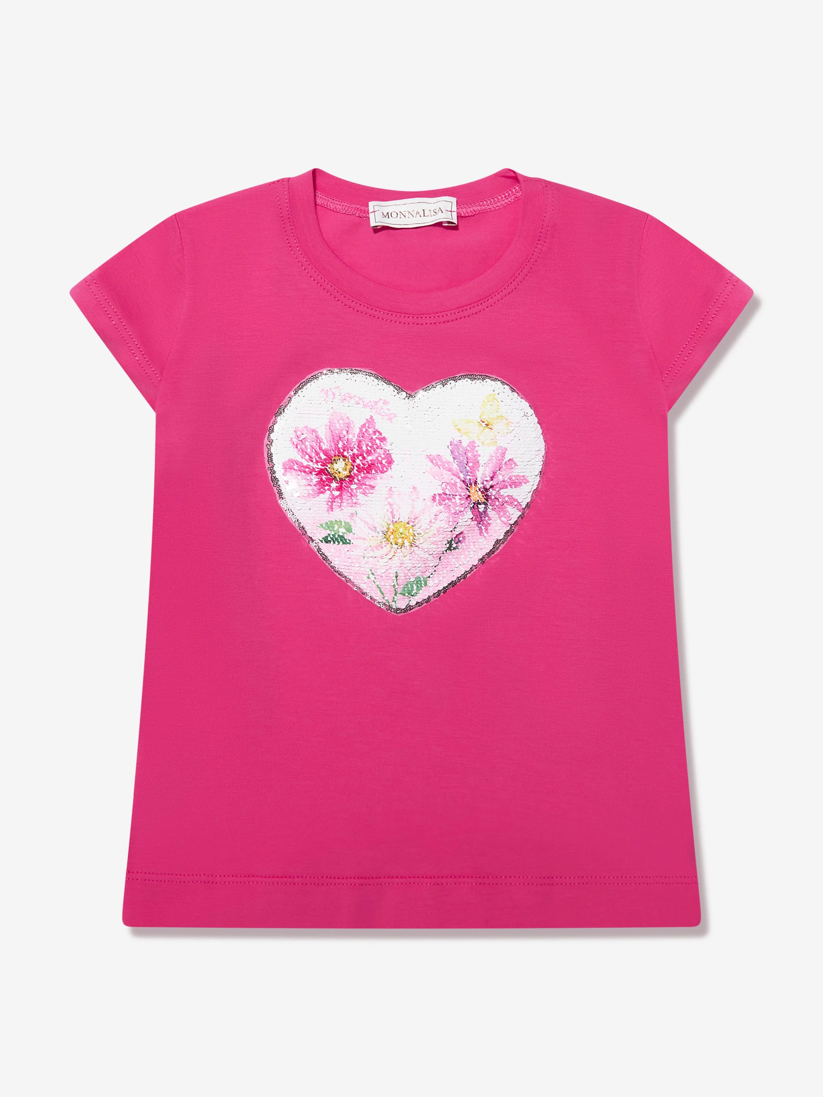 Monnalisa Girls Sequin Floral Heart T-Shirt in Pink