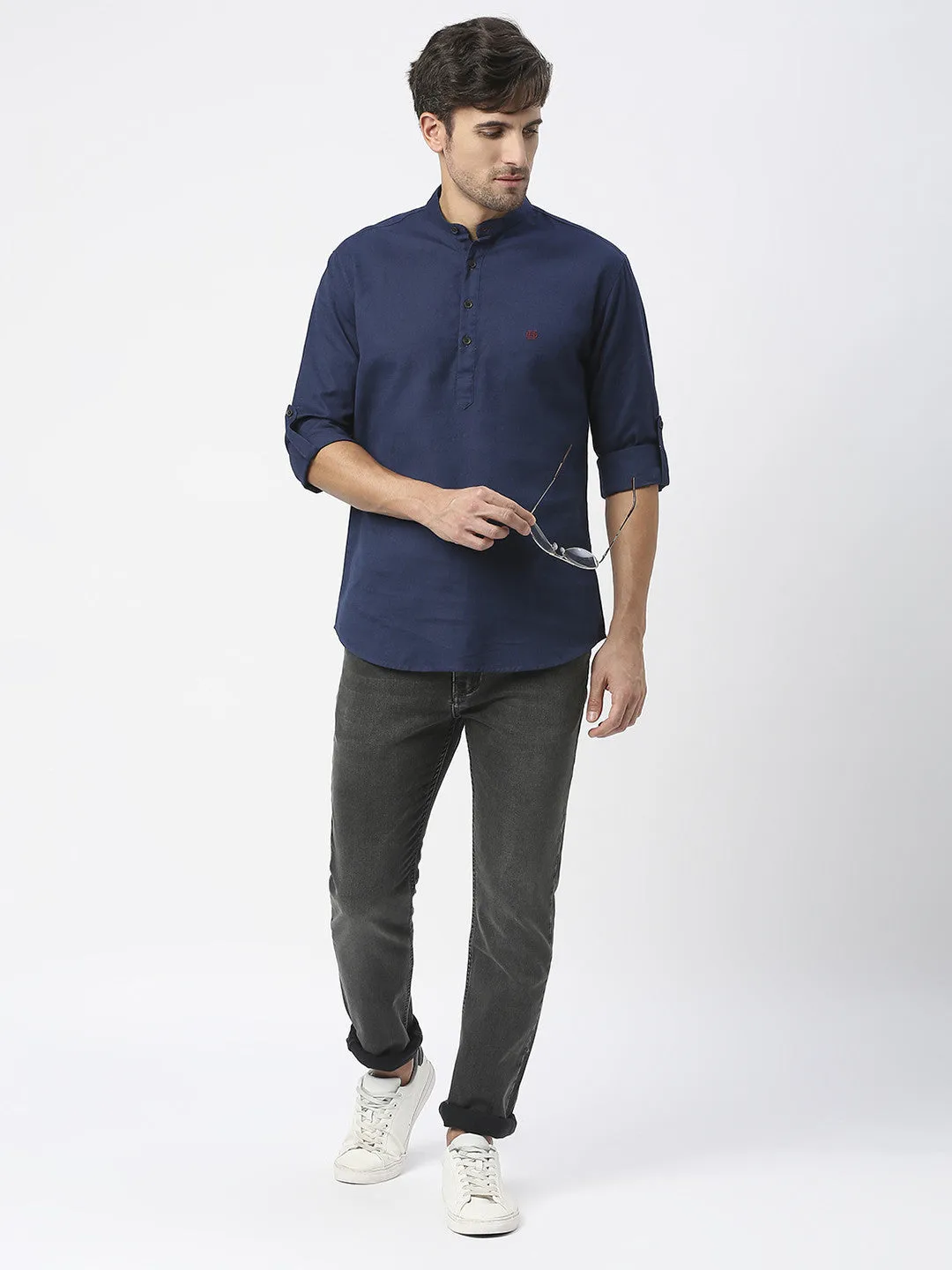 Navy Cotton Linen Shirt With Roll Up Sleeves