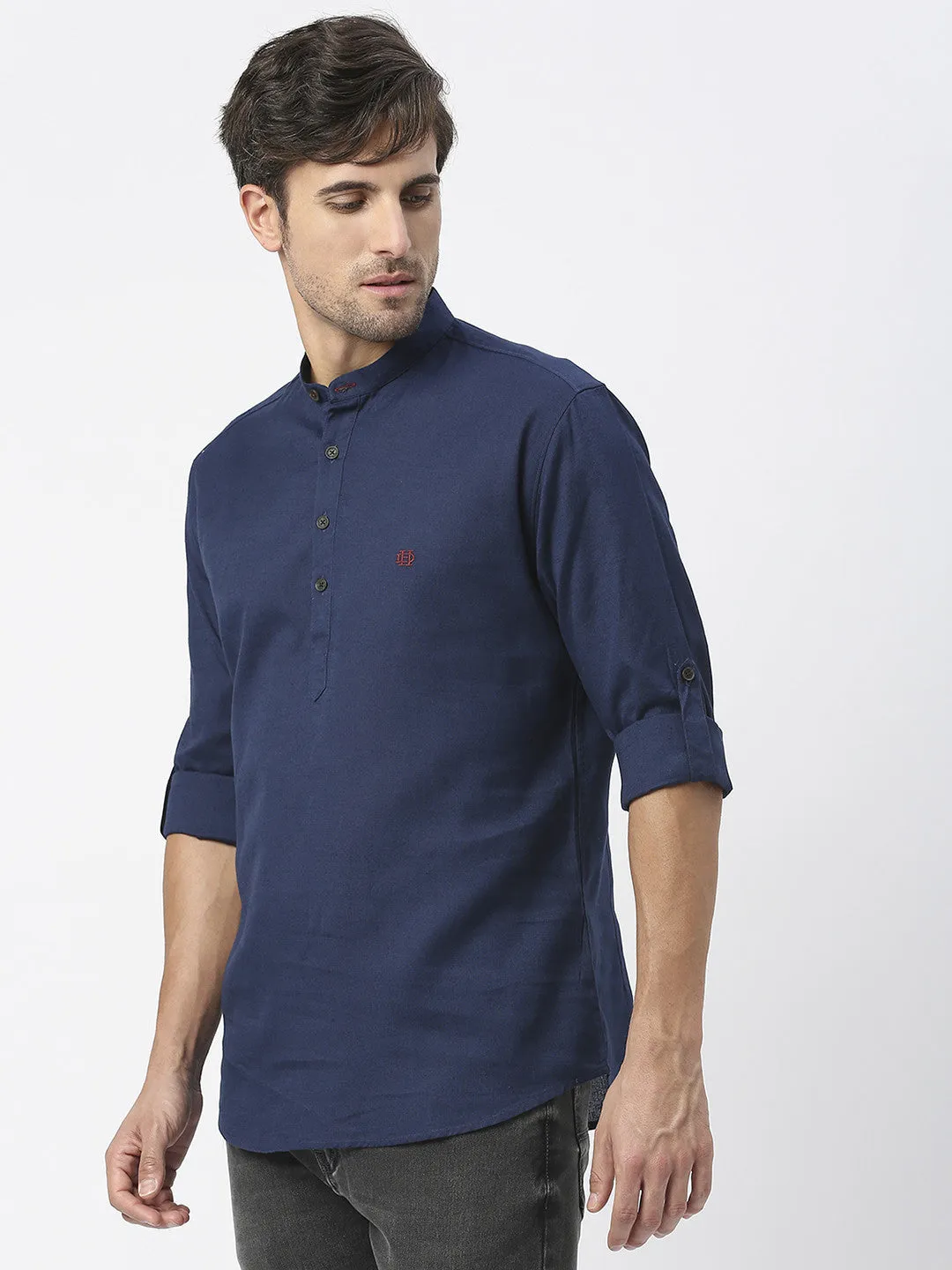 Navy Cotton Linen Shirt With Roll Up Sleeves