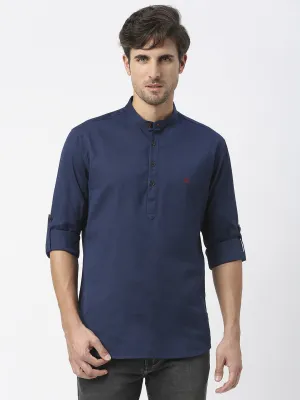 Navy Cotton Linen Shirt With Roll Up Sleeves