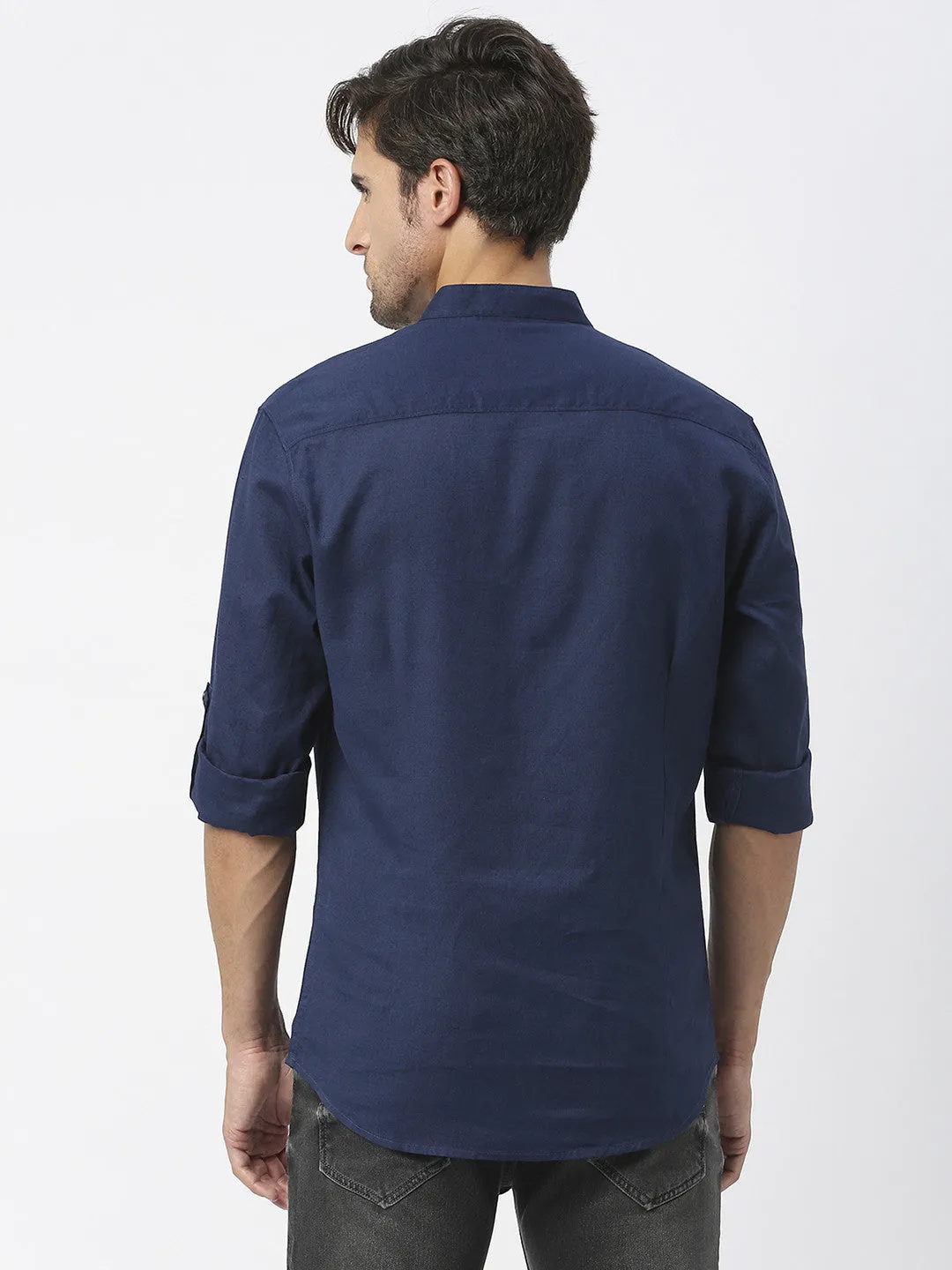 Navy Cotton Linen Shirt With Roll Up Sleeves