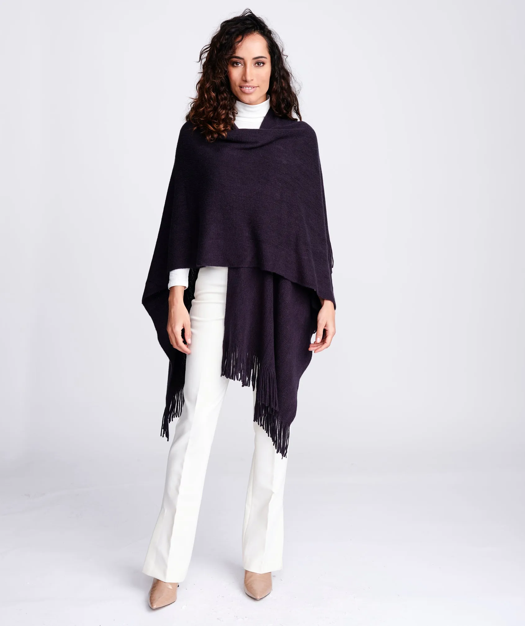 Navy Fine Ribbed Fringed Wrap for Layering