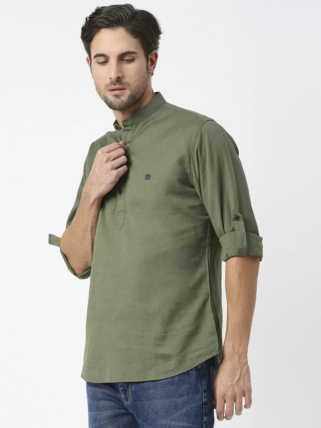 Olive Cotton Linen Shirt With Roll Up Sleeves