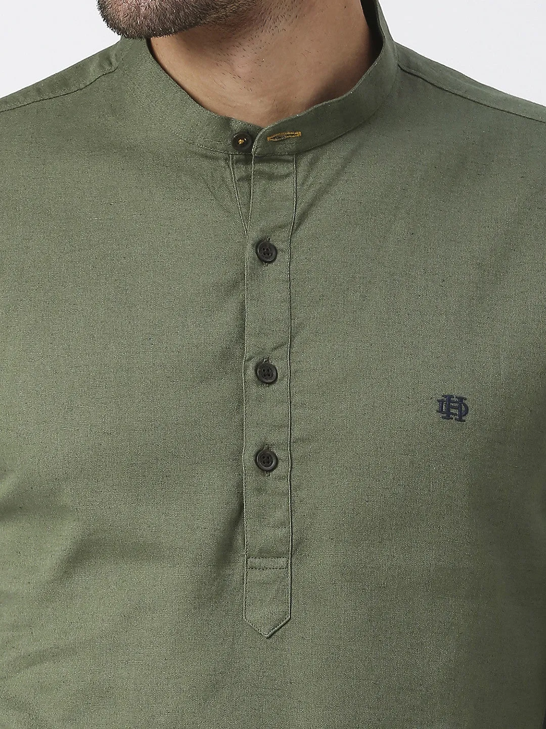 Olive Cotton Linen Shirt With Roll Up Sleeves