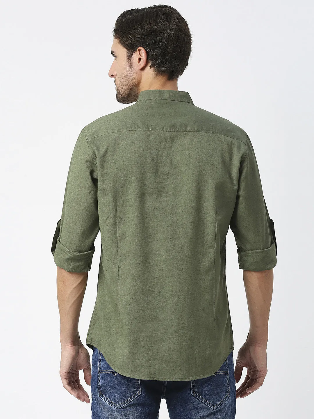 Olive Cotton Linen Shirt With Roll Up Sleeves