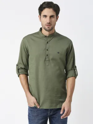 Olive Cotton Linen Shirt With Roll Up Sleeves