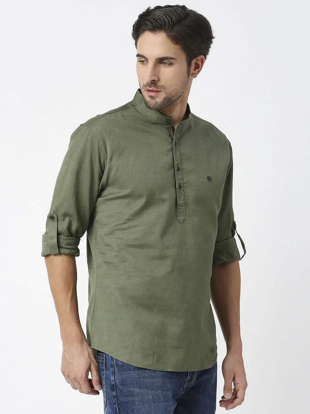 Olive Cotton Linen Shirt With Roll Up Sleeves