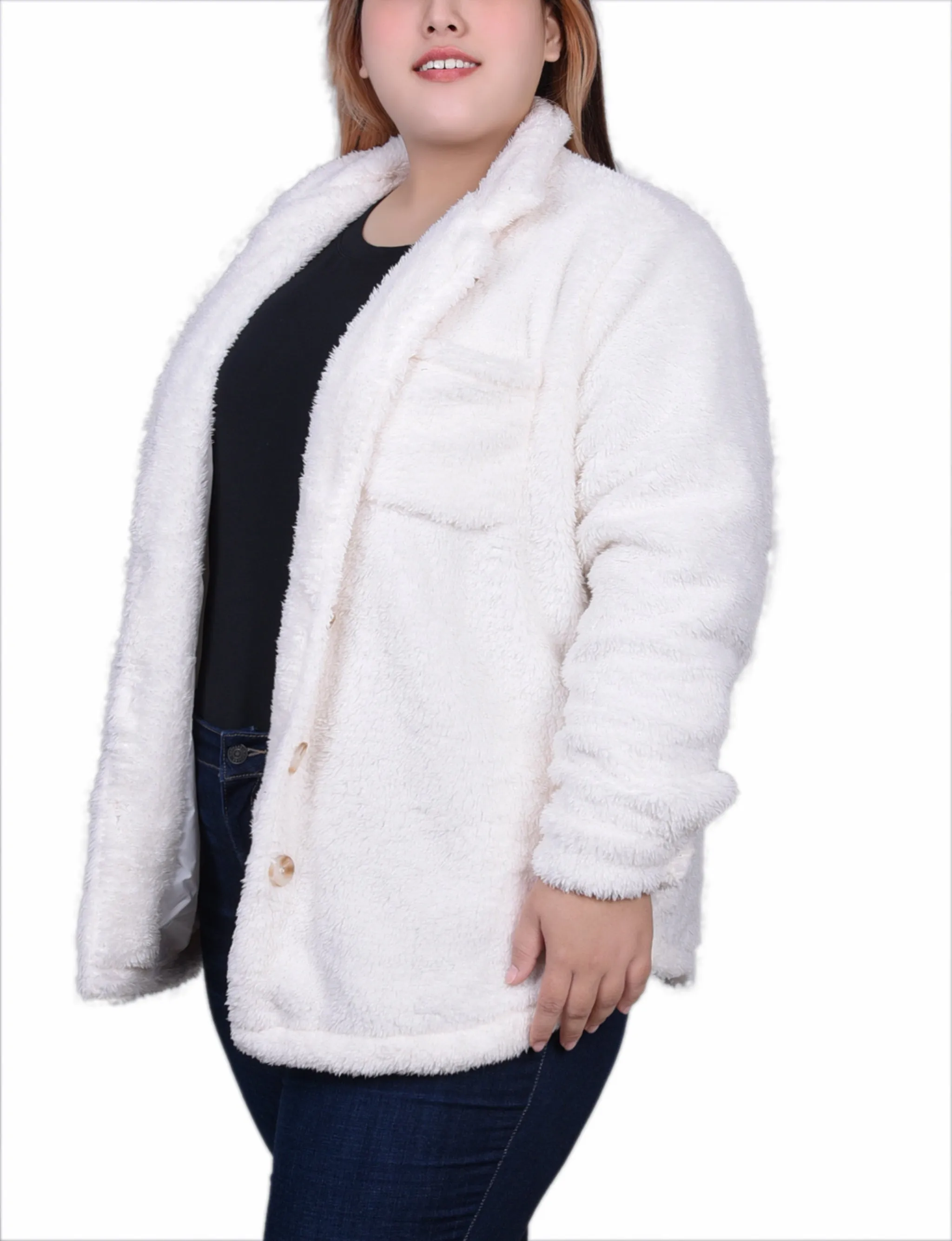 Plus Size Long Sleeve Button Front Sherpa Jacket