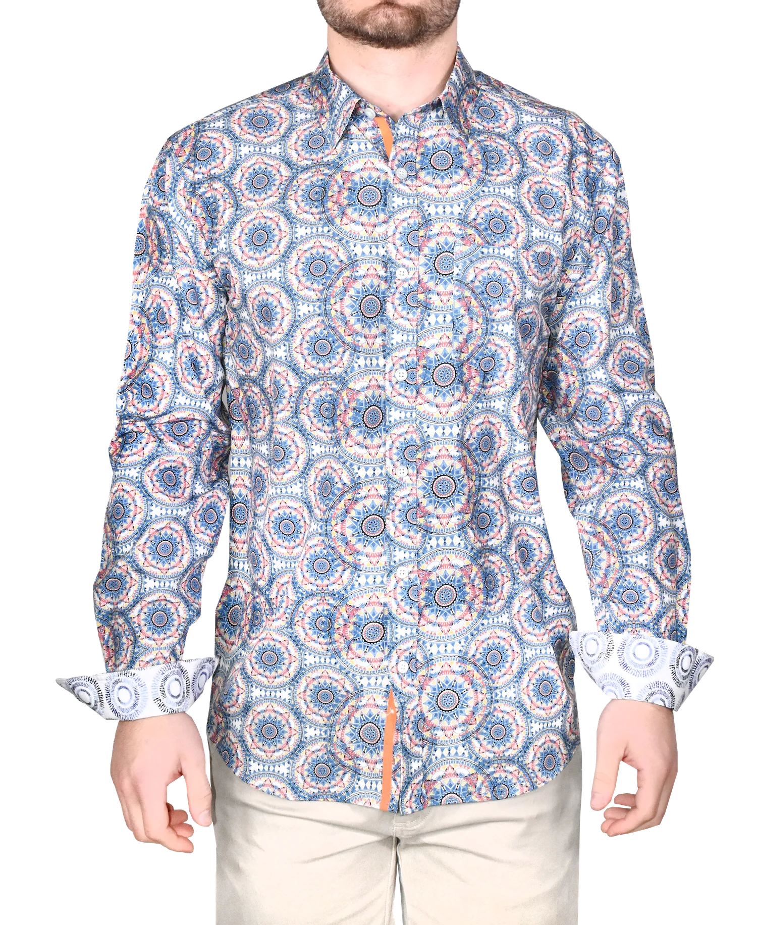 Printed Long Sleeve Woven Shirt, Navy Spirals