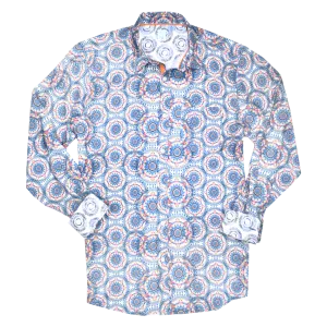 Printed Long Sleeve Woven Shirt, Navy Spirals