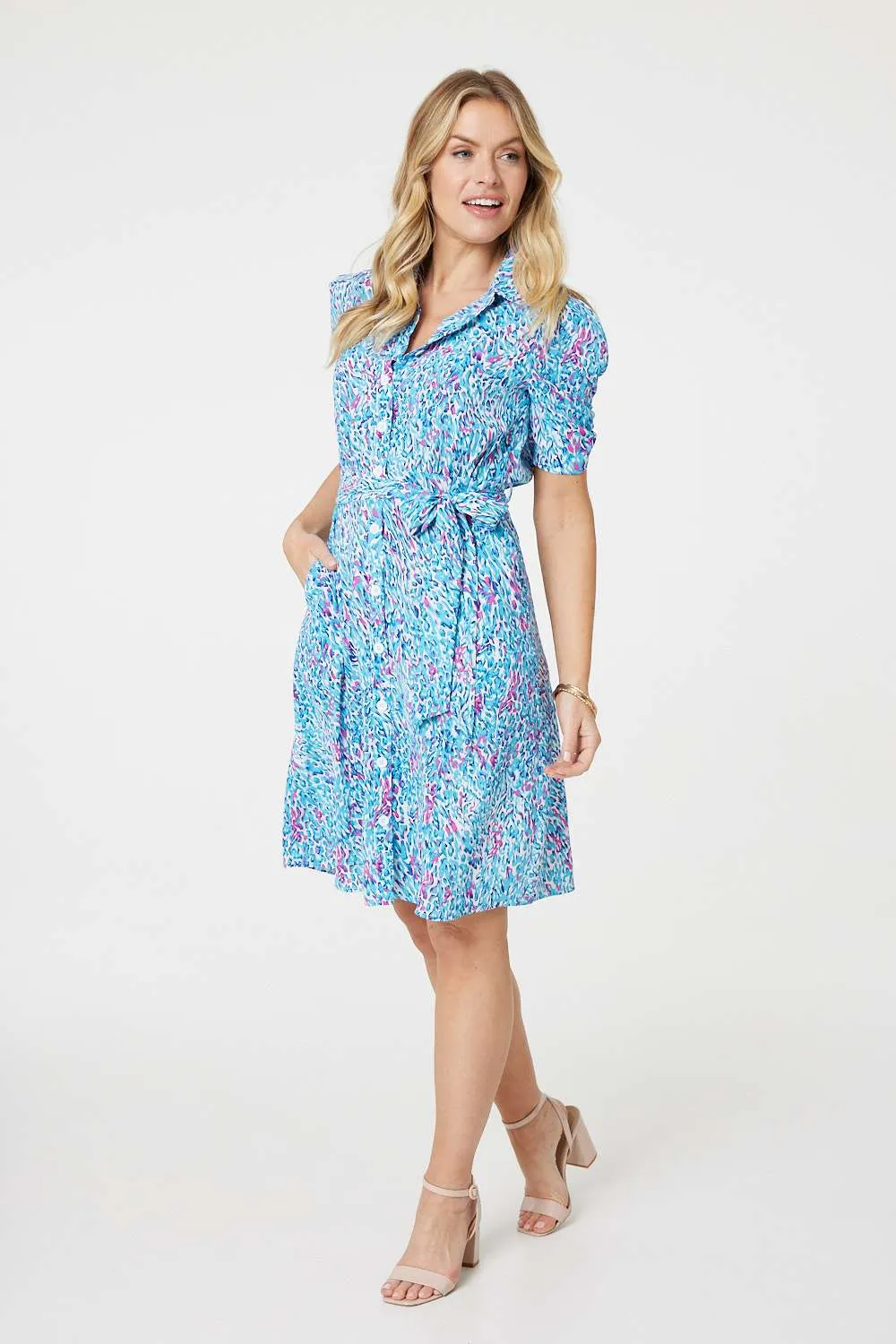 Printed Tie Waist Short Shirt Dress