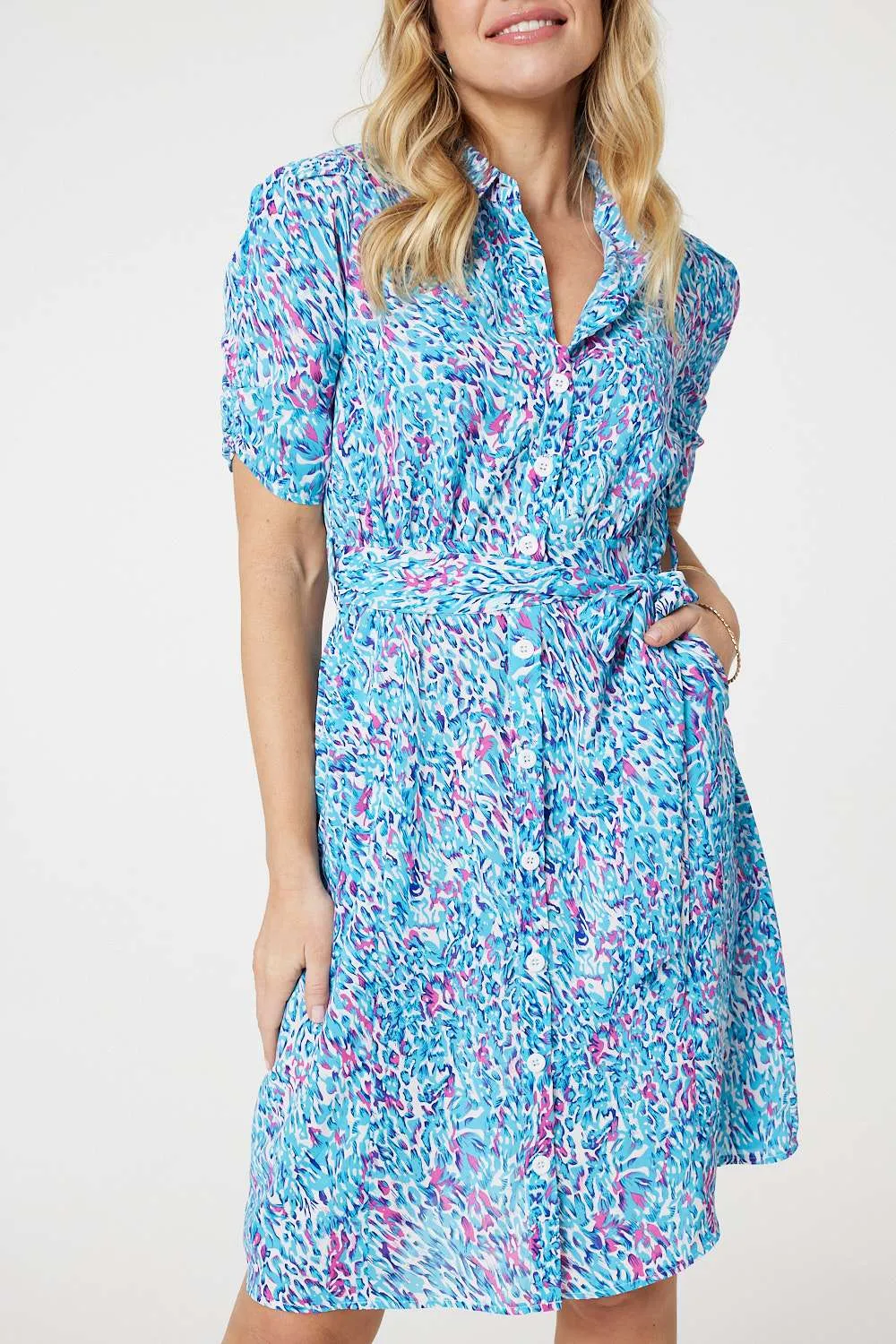 Printed Tie Waist Short Shirt Dress