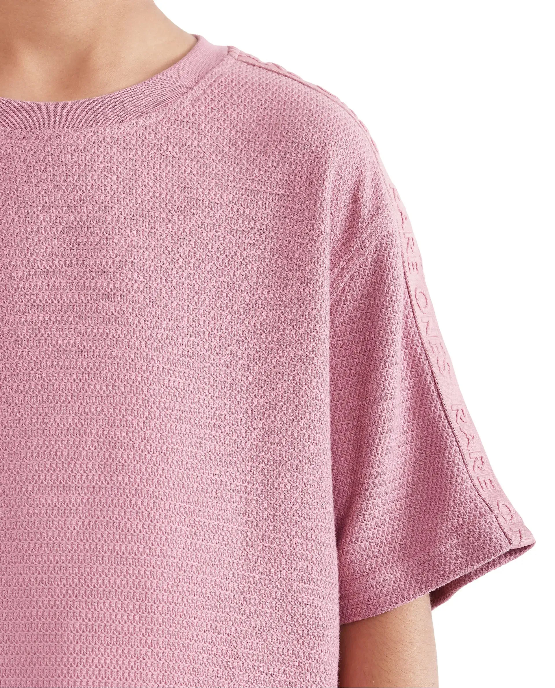 Rare Ones Kids Cols Pink Cotton Half Sleeves Crew Neck Oversized Fit Textured Solid T-Shirt