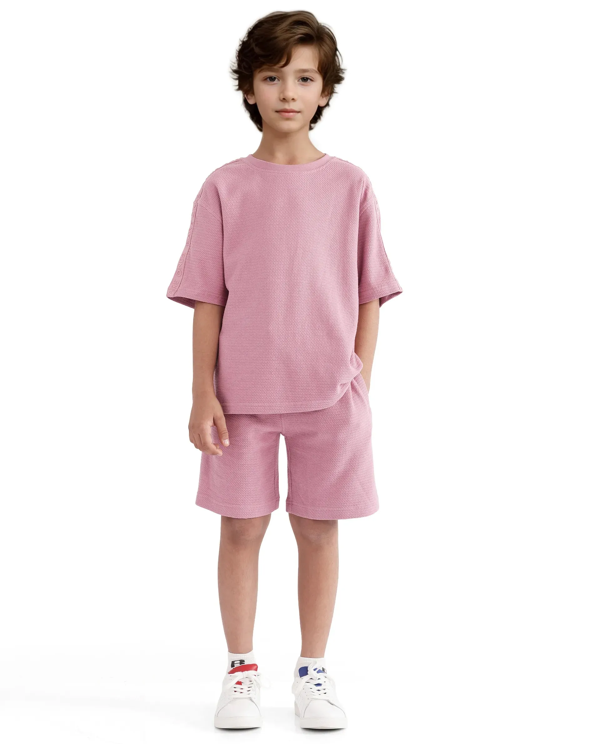 Rare Ones Kids Cols Pink Cotton Half Sleeves Crew Neck Oversized Fit Textured Solid T-Shirt