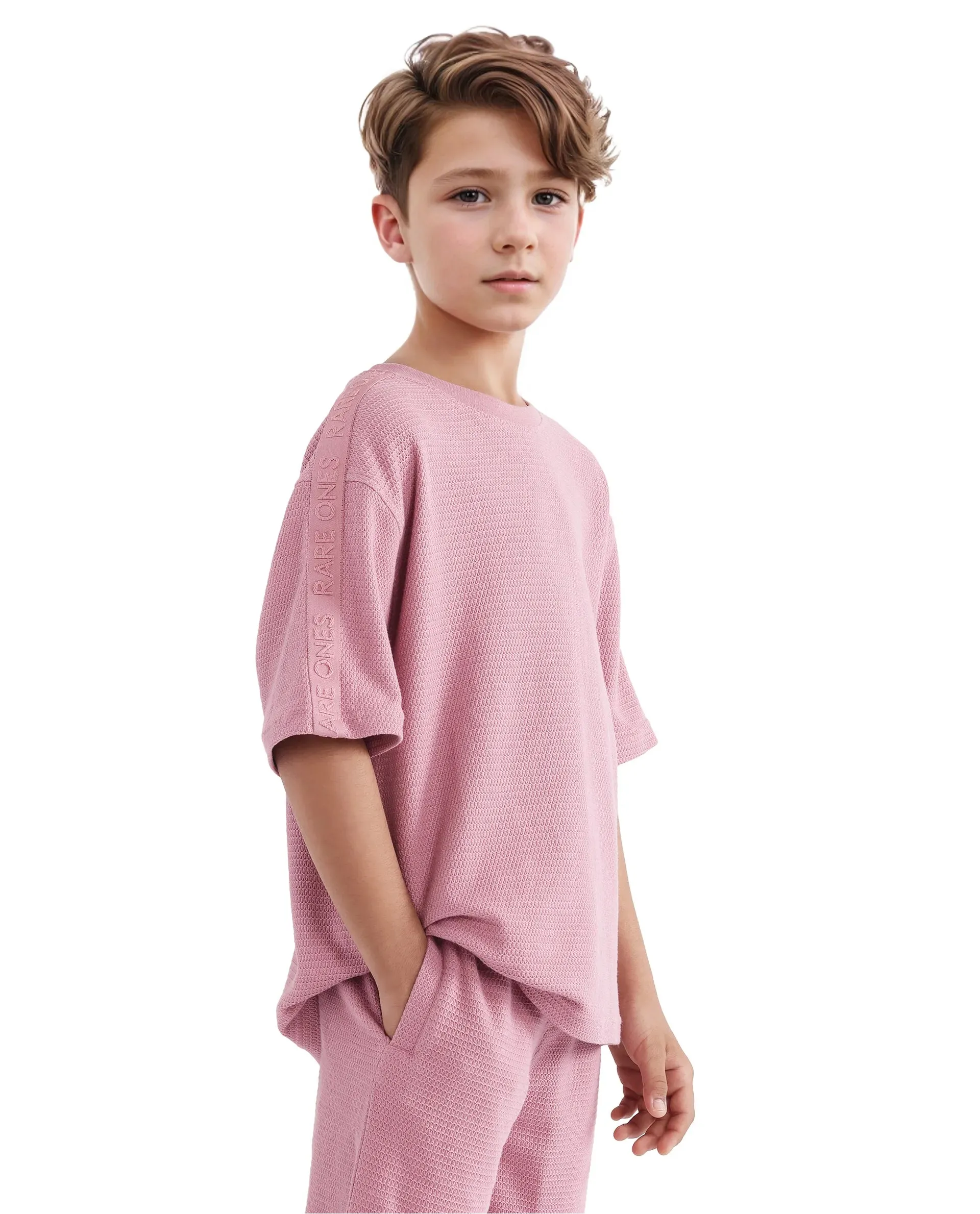 Rare Ones Kids Cols Pink Cotton Half Sleeves Crew Neck Oversized Fit Textured Solid T-Shirt