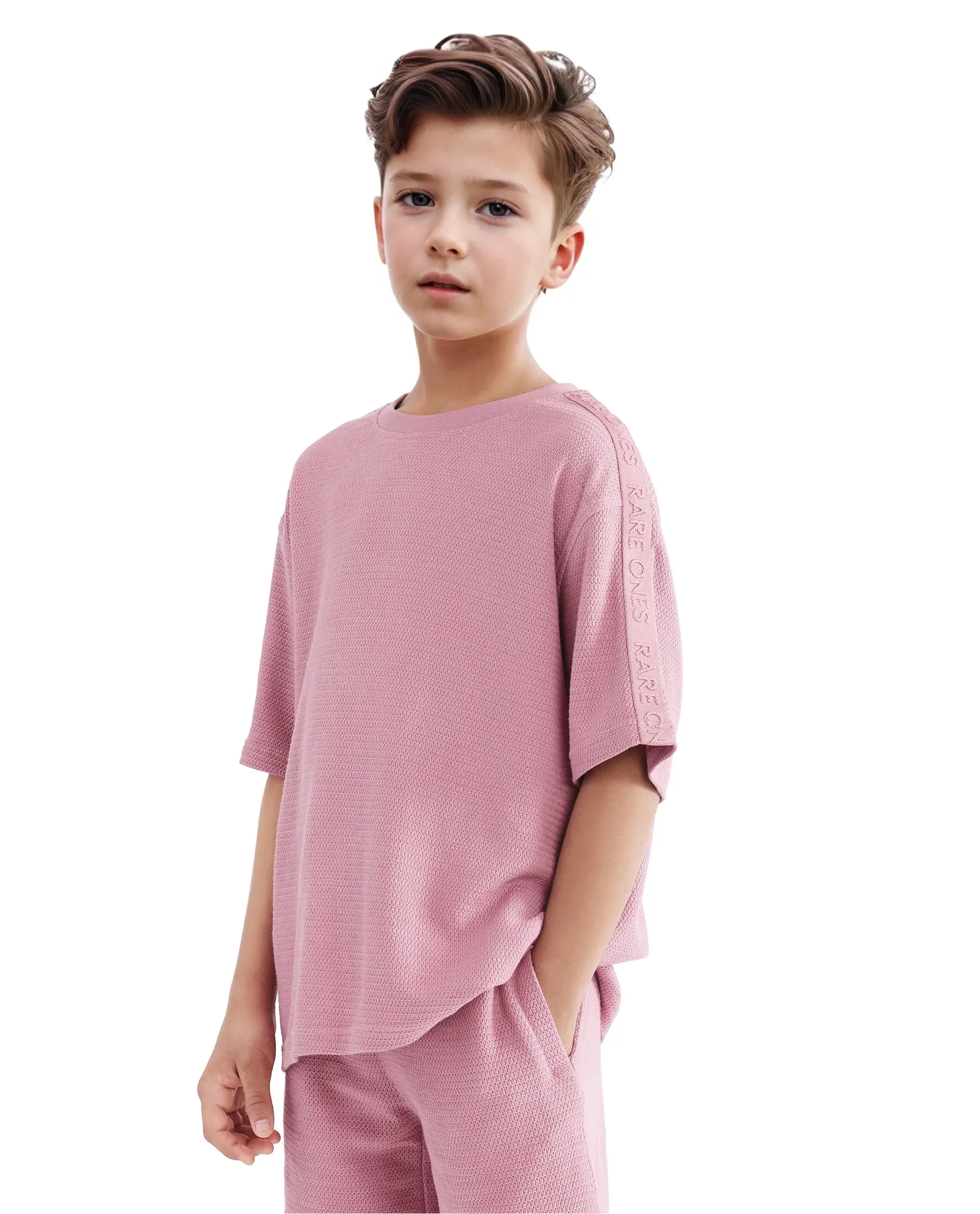 Rare Ones Kids Cols Pink Cotton Half Sleeves Crew Neck Oversized Fit Textured Solid T-Shirt