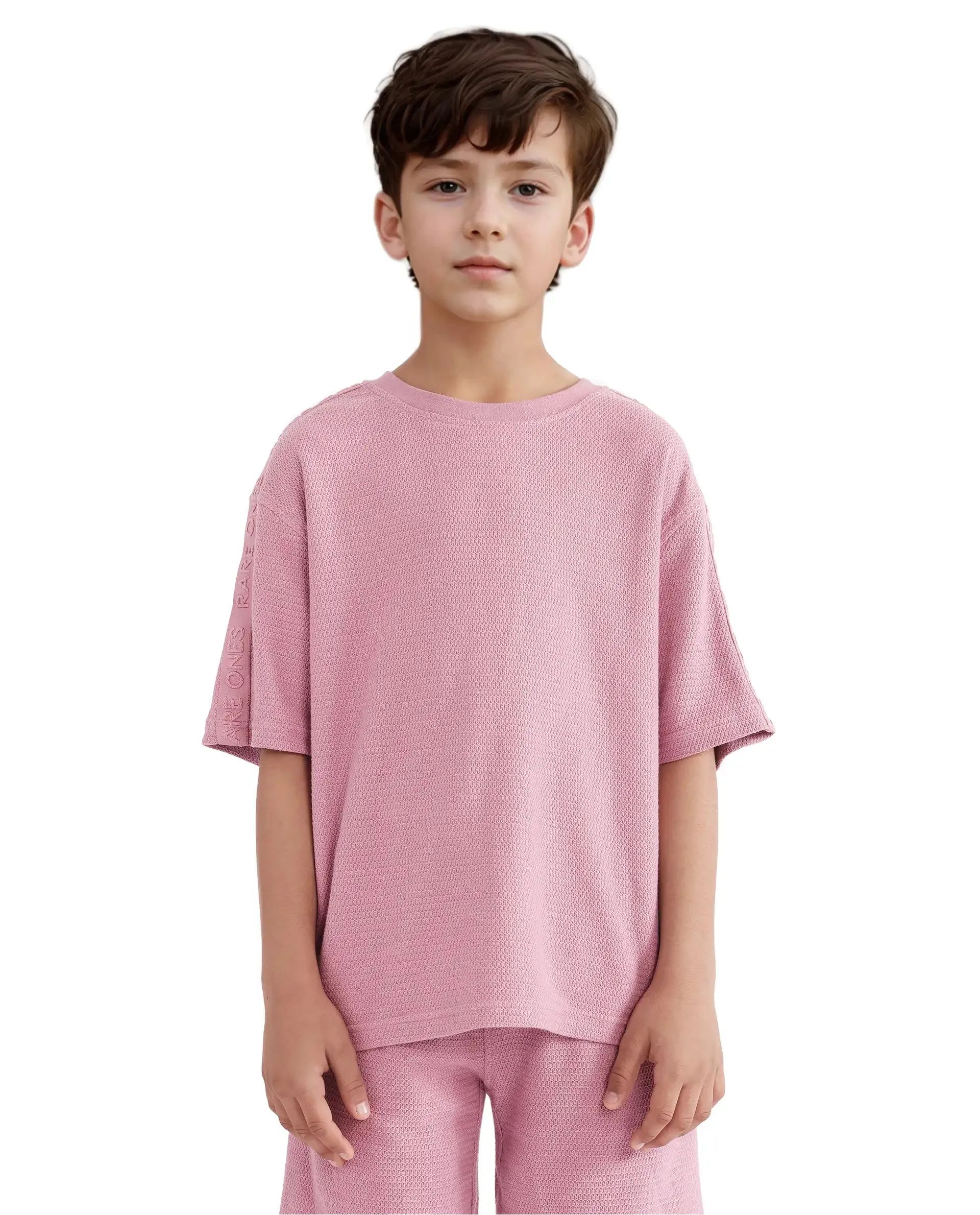 Rare Ones Kids Cols Pink Cotton Half Sleeves Crew Neck Oversized Fit Textured Solid T-Shirt