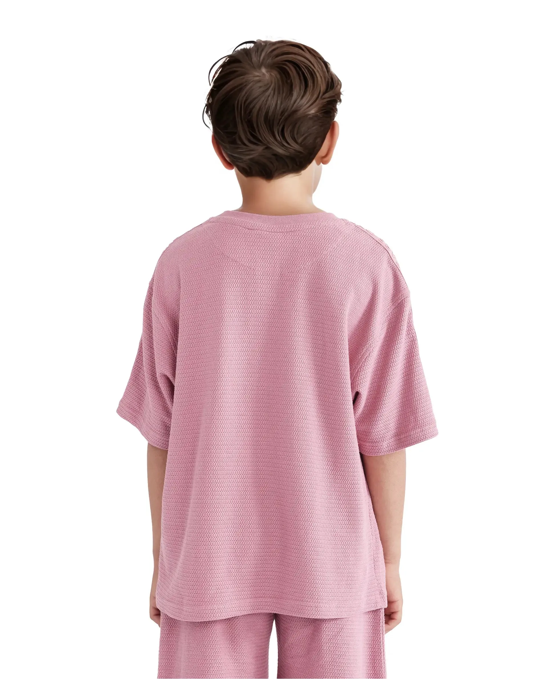 Rare Ones Kids Cols Pink Cotton Half Sleeves Crew Neck Oversized Fit Textured Solid T-Shirt