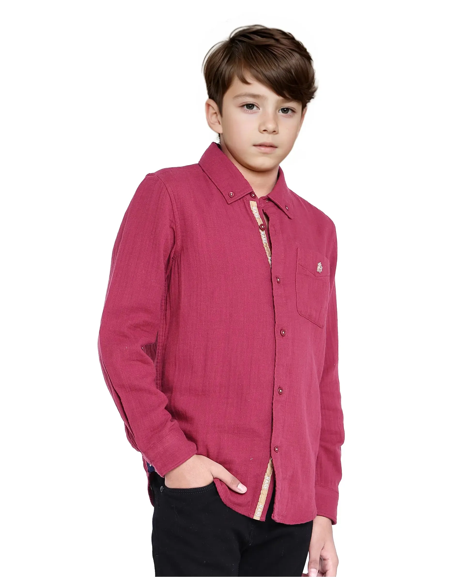 Rare Ones Kids Presto Maroon Cotton Full Sleeve Regular Fit Button Down Solid Shirt