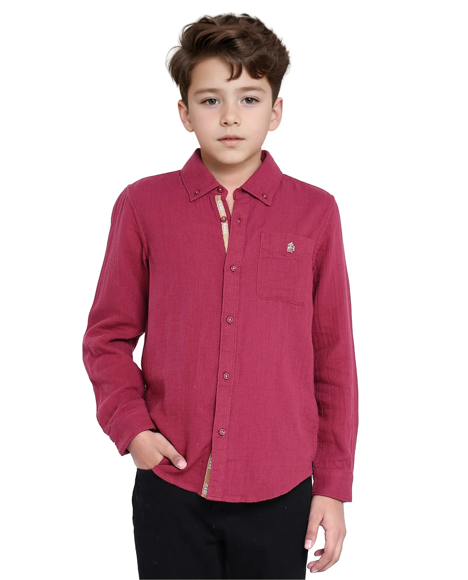 Rare Ones Kids Presto Maroon Cotton Full Sleeve Regular Fit Button Down Solid Shirt