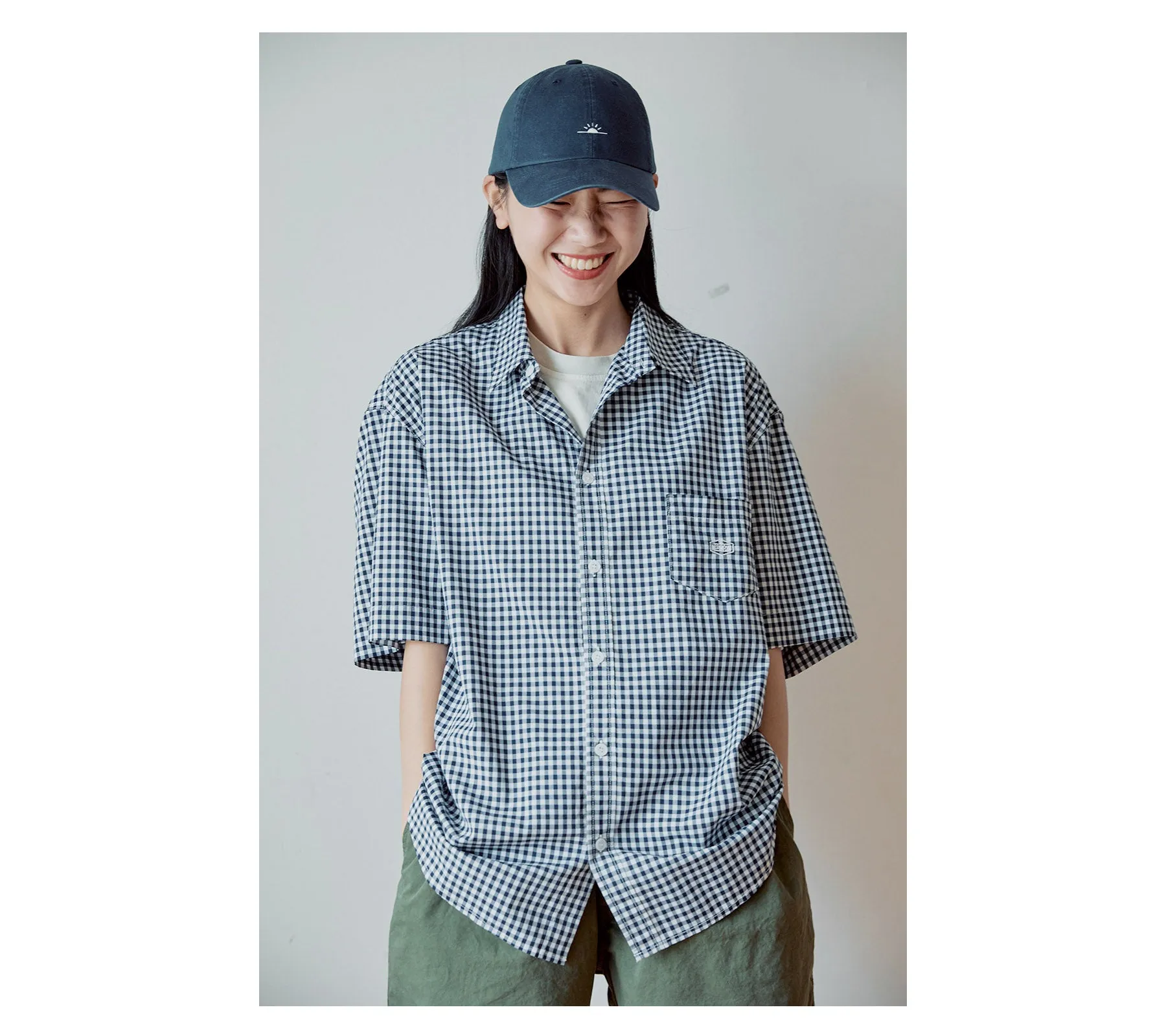 Relaxed Cotton Half Shirt | Navy Check