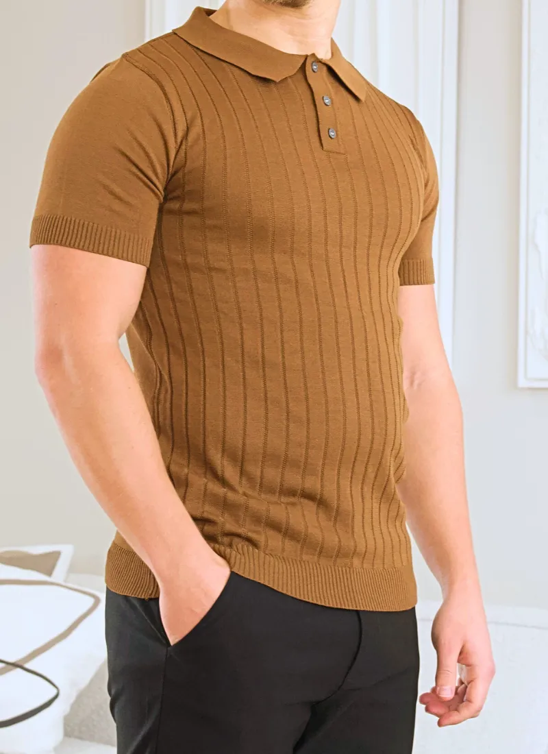 Ribbed Polo Shirt - Brown