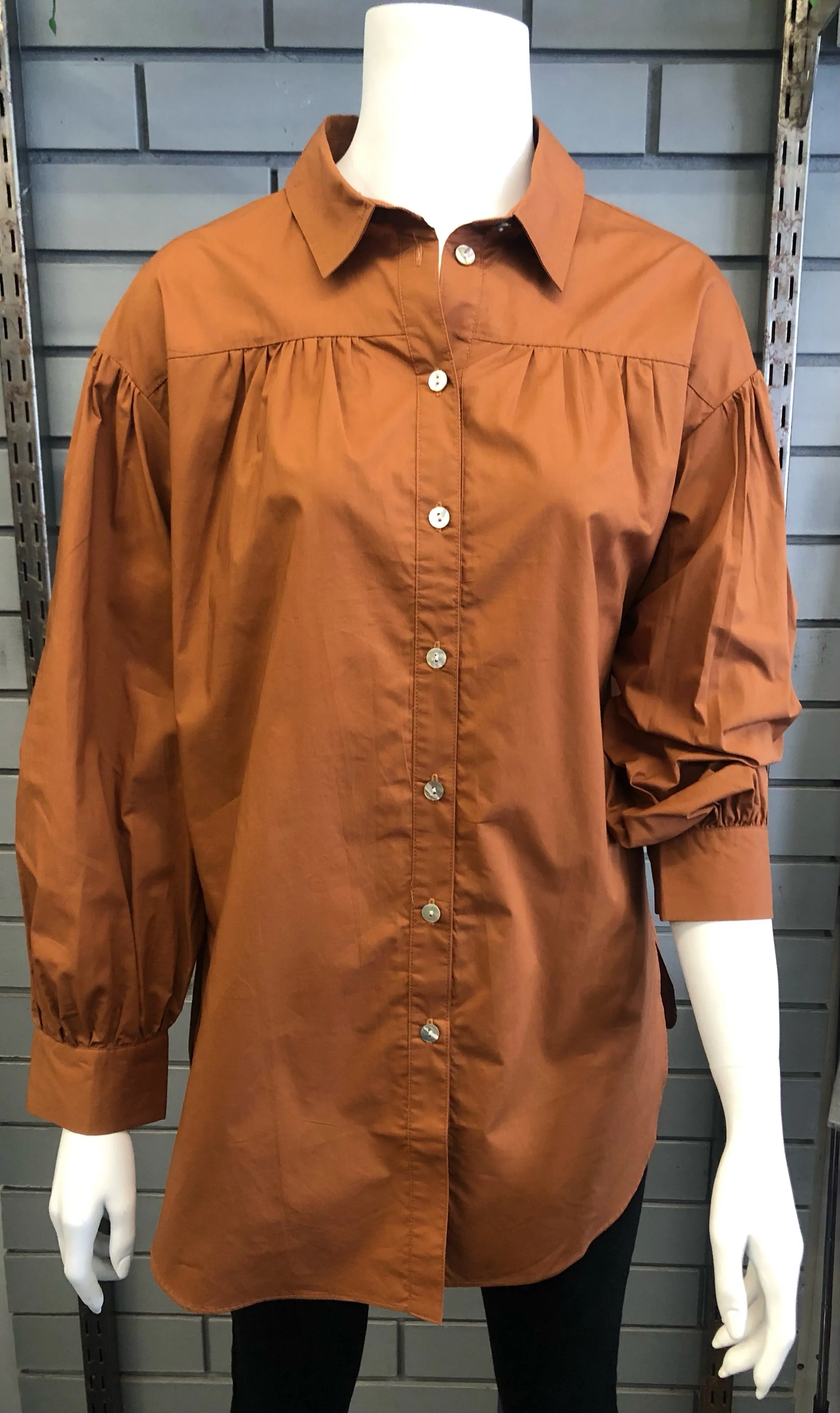 Sateen Pleat Detail Collared Shirt - Clay