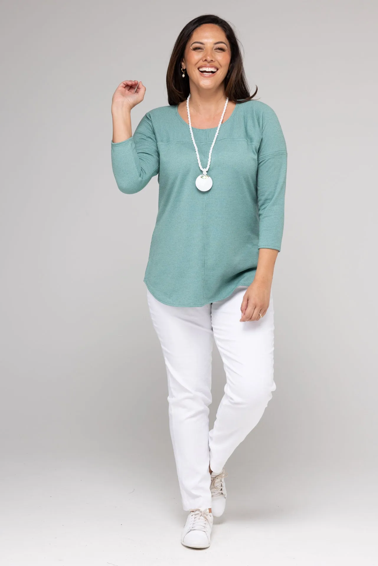 Seafoam Feature Stitched Poly/Cotton Knit 3/4 Sleeve Top