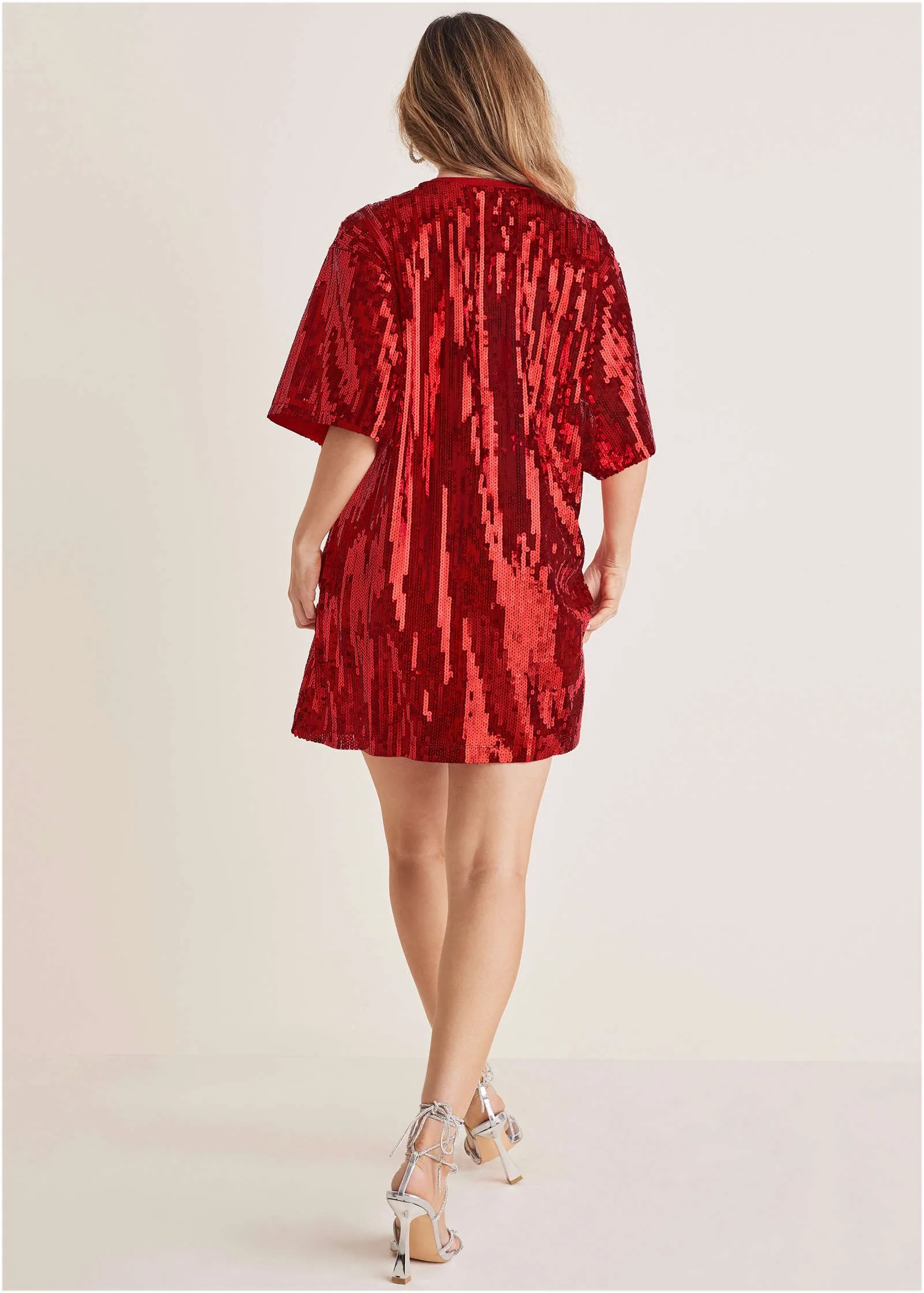 Sequin T-Shirt Dress - Red & White