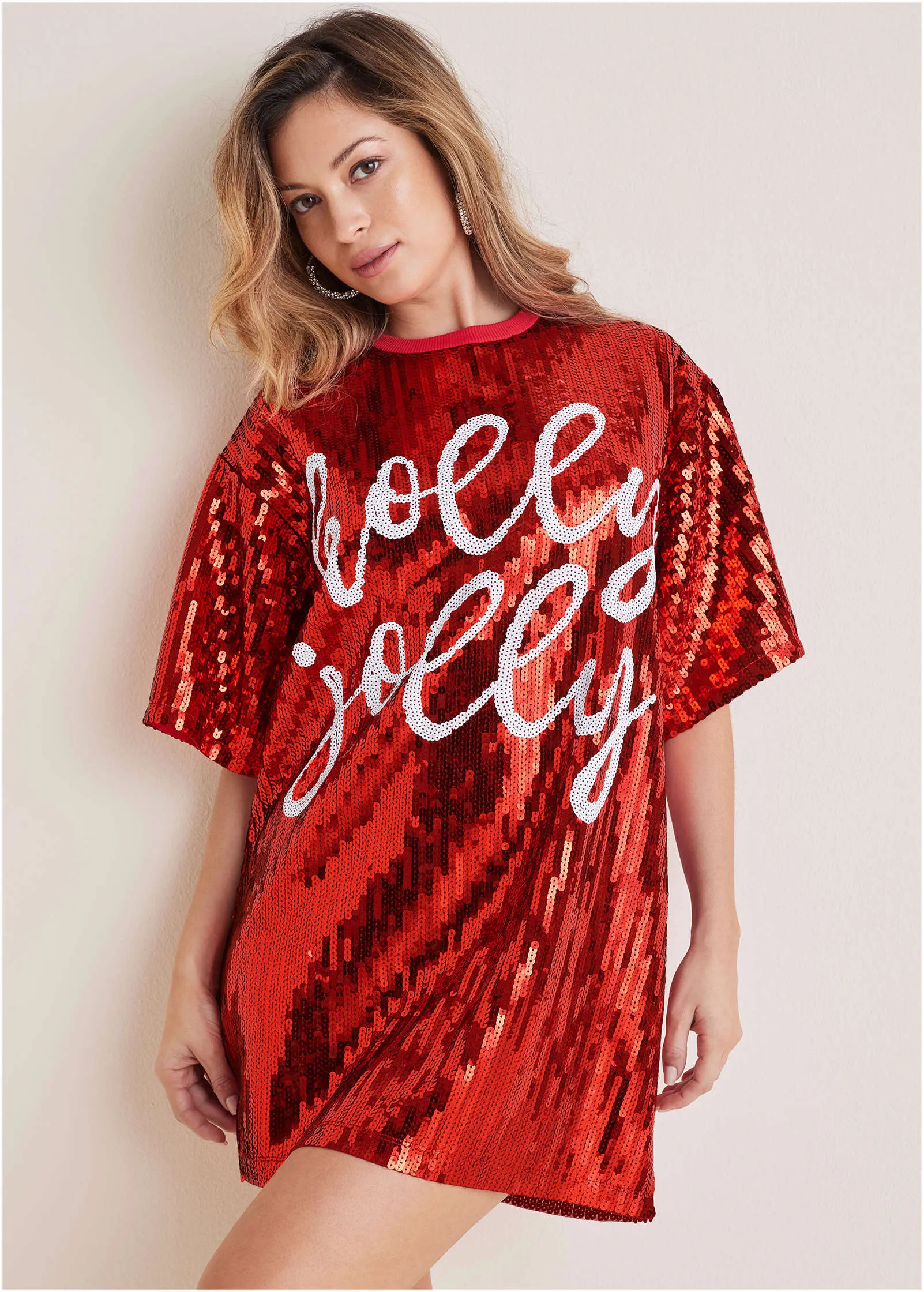 Sequin T-Shirt Dress - Red & White