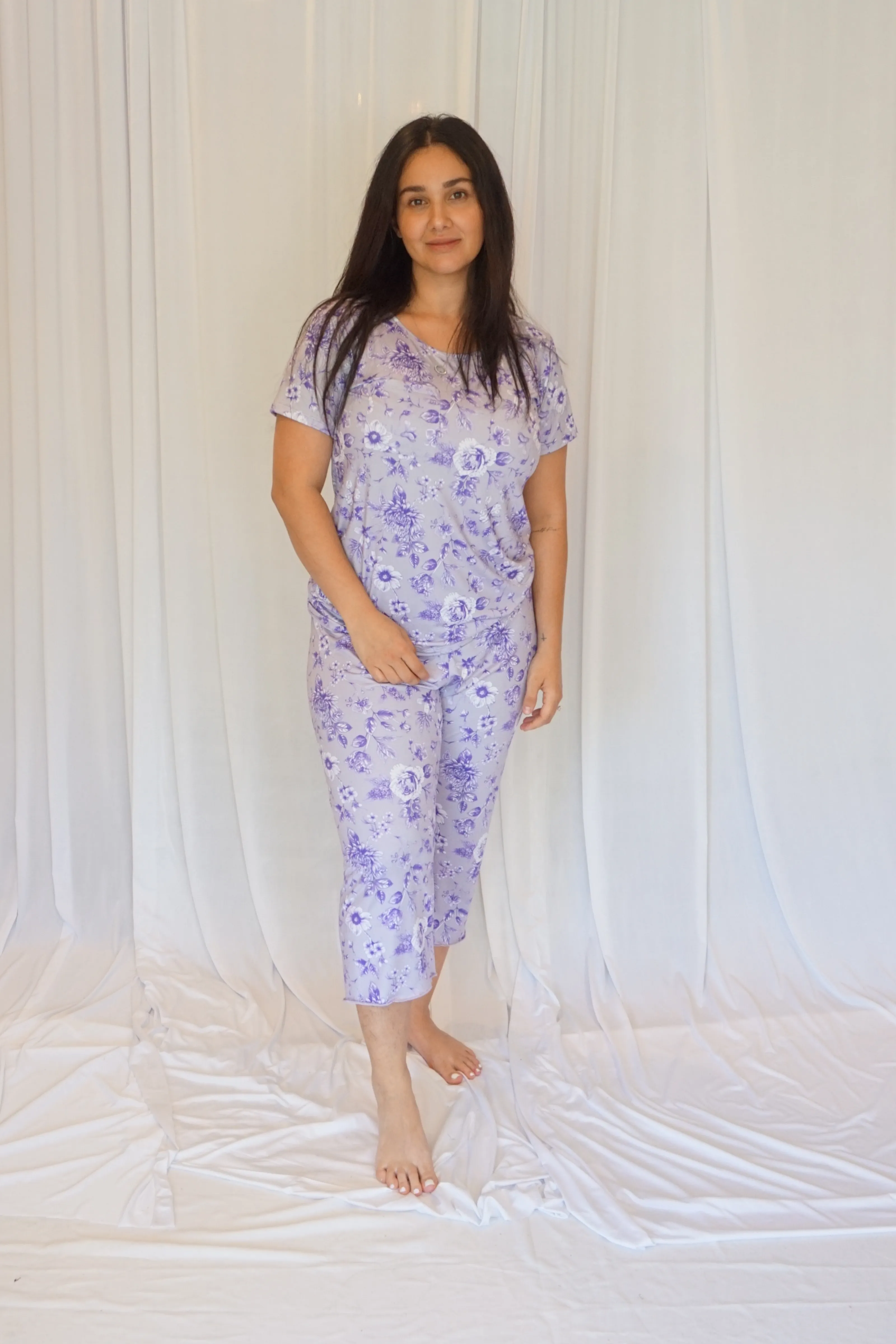 Slinky Cooling Purple Floral Short Sleeve Pajama Capris Set