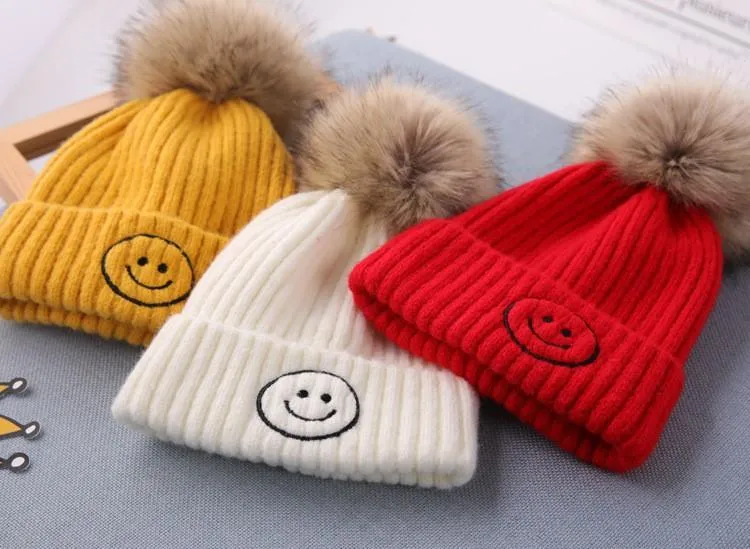 Smiley Pom Pom Baby Winter Cap - Yellow