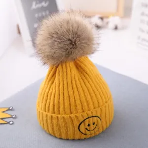 Smiley Pom Pom Baby Winter Cap - Yellow