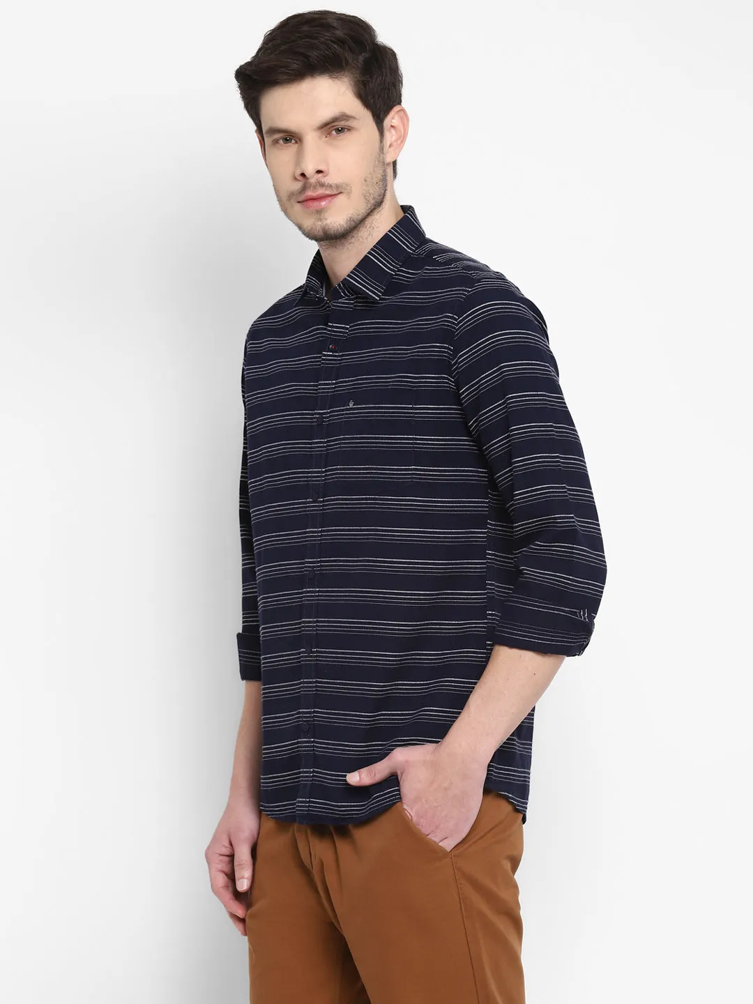 Stripe Navy Blue Slim Fit Causal Shirt