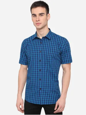 Teal Blue Checked Slim Fit Semi Casual Shirt | Greenfibre