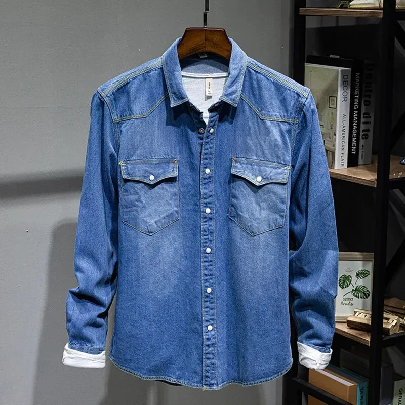 Trendy Solid Retro Denim Shirt