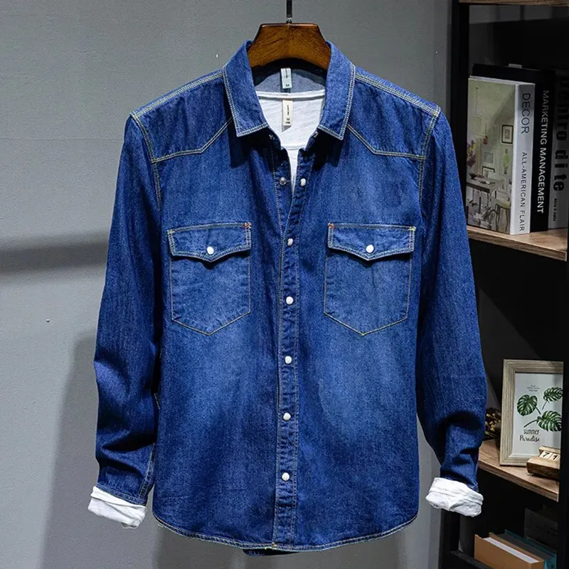 Trendy Solid Retro Denim Shirt