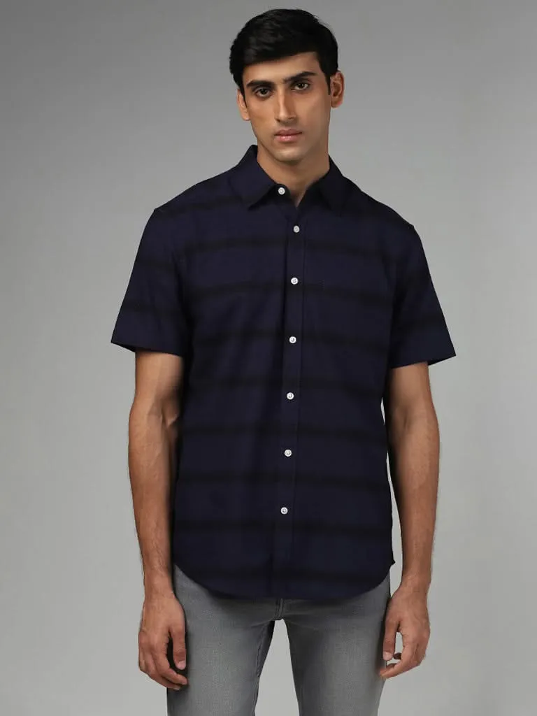 WES Casuals Navy Striped Cotton Relaxed-Fit Shirt