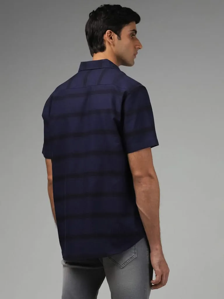 WES Casuals Navy Striped Cotton Relaxed-Fit Shirt