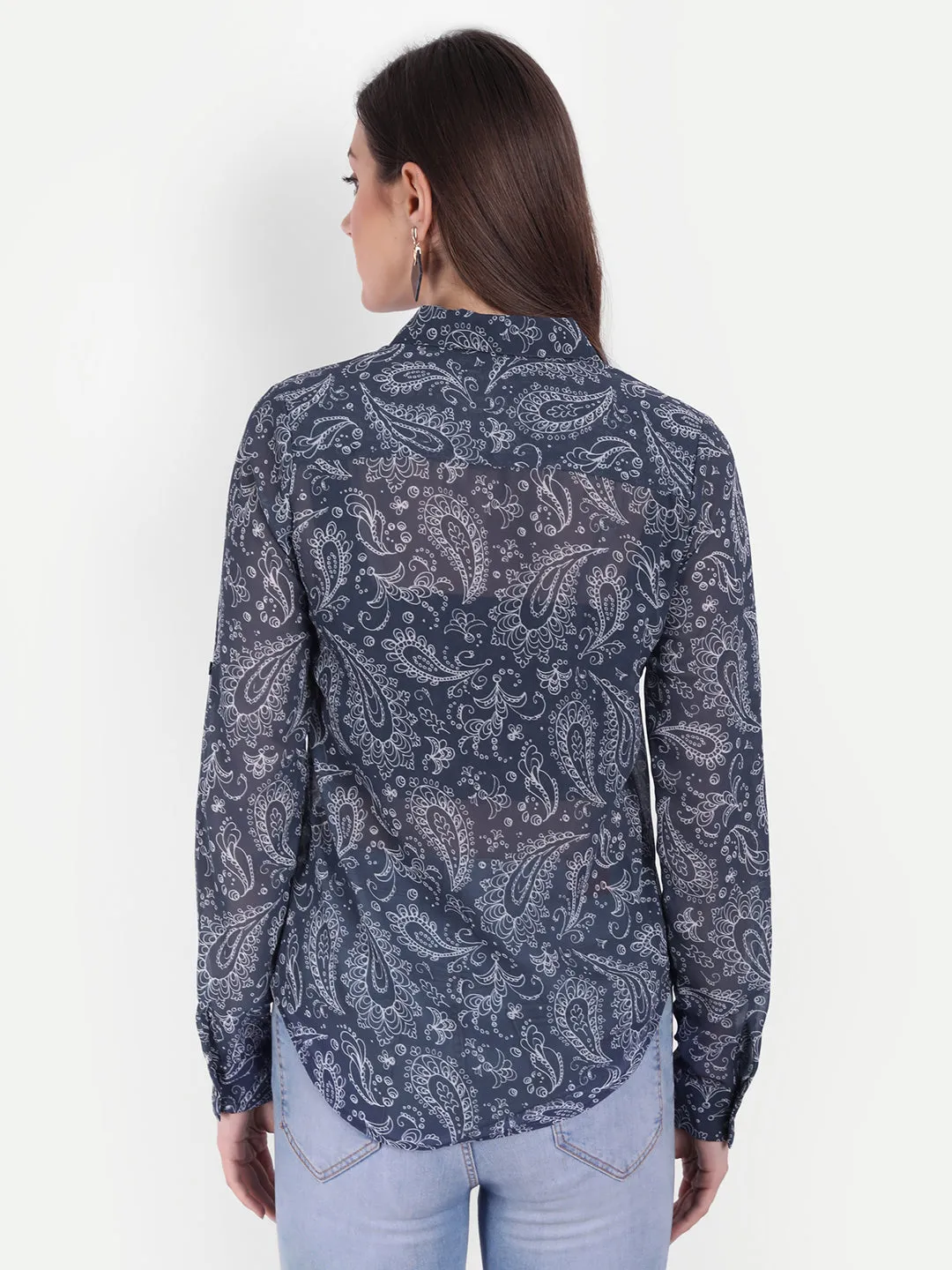 Women Blue & White Relaxed Semi Sheer Paisley Printed Casual Shirt