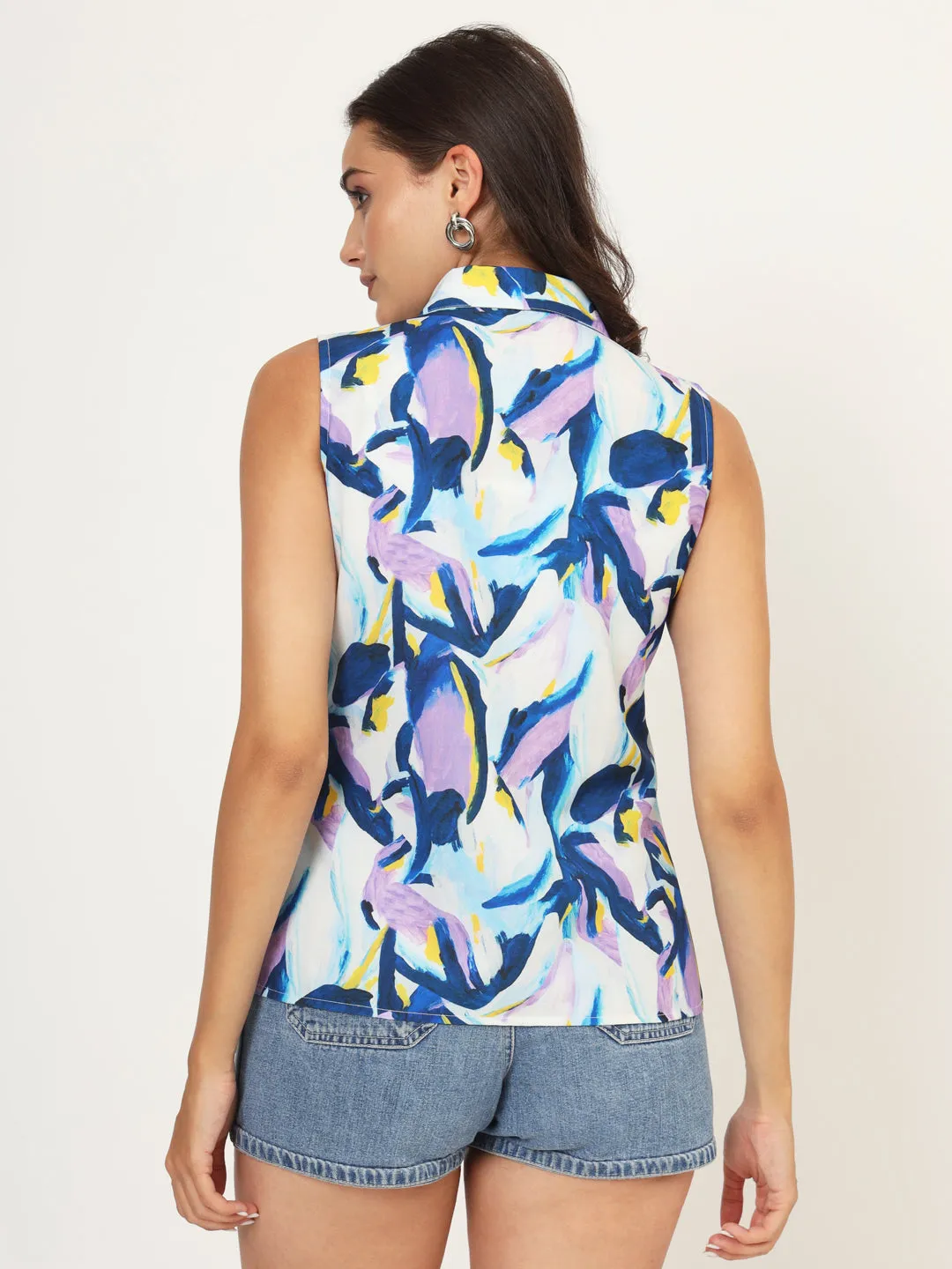 Women Classic Abstract Printed Casual Sleeveless Shirt